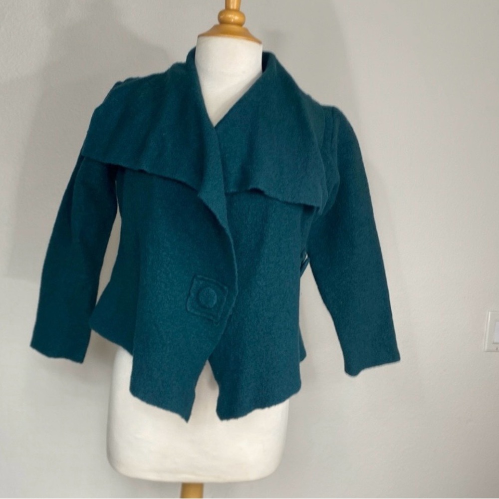 Eva Tralala Paris Women's Teal 100% Wool Thick Boxy Cardigan Size Small Classic